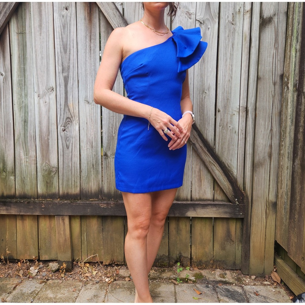 DO+BE One Shoulder Mini Dress Women Blue Ruffle Cocktail Dress, Size S